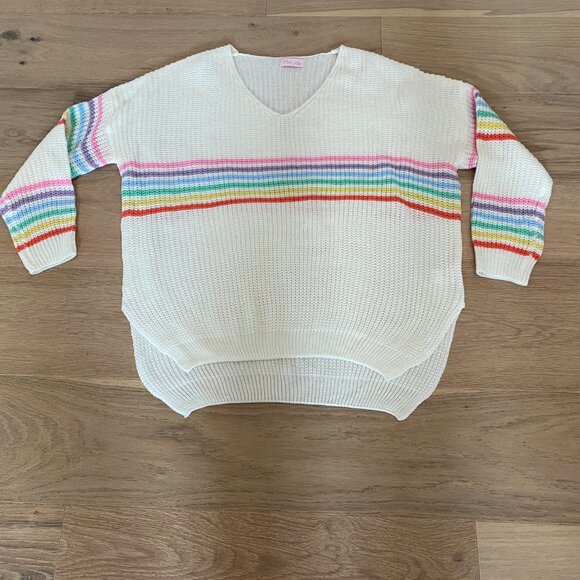 Pink Lily White Sweater w Pastel Rainbow Stripes Size M/L - Picture 3 of 9